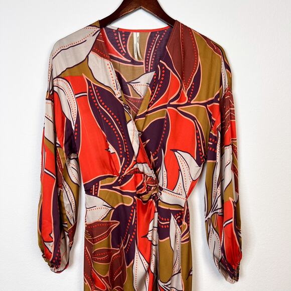 Anthropologie Floral Printed Satin Long Sleeve Wrap Midi Dress Size Small - Picture 4 of 11
